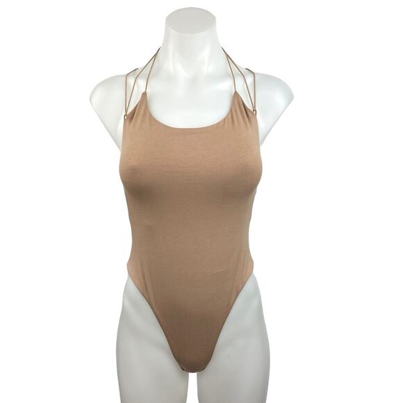 Tiger Mist Tan Brown Crew Neck Crisscross Back Strap One Piece Bodysuit Size XS - Picture 1 of 4